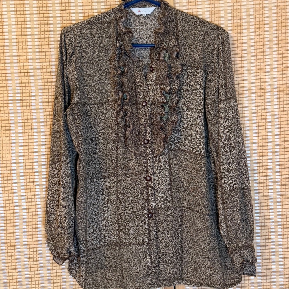 Vintage Lan Fei Brown Patchwork Floral Ruffle Bib Blouse Long Sleeve Top Size 17